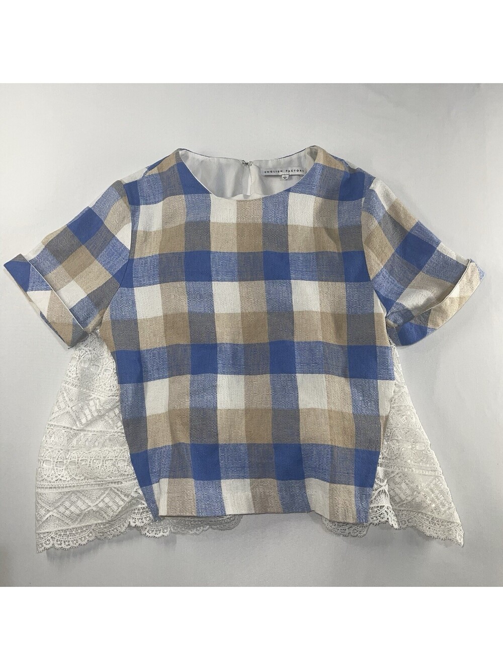 English Factory Top Womens Medium Plaid Brown Cream Blue Lace Sheer Back Cottage